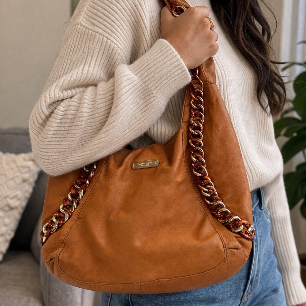 Michael Kors Cognac Leather Shoulder Hobo with Chain-Accent Straps